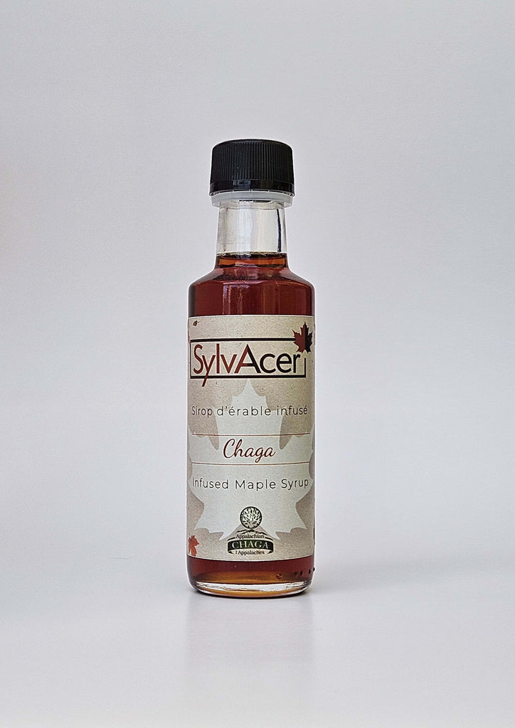 A small bottle of Maple Syrup, infused with Chaga