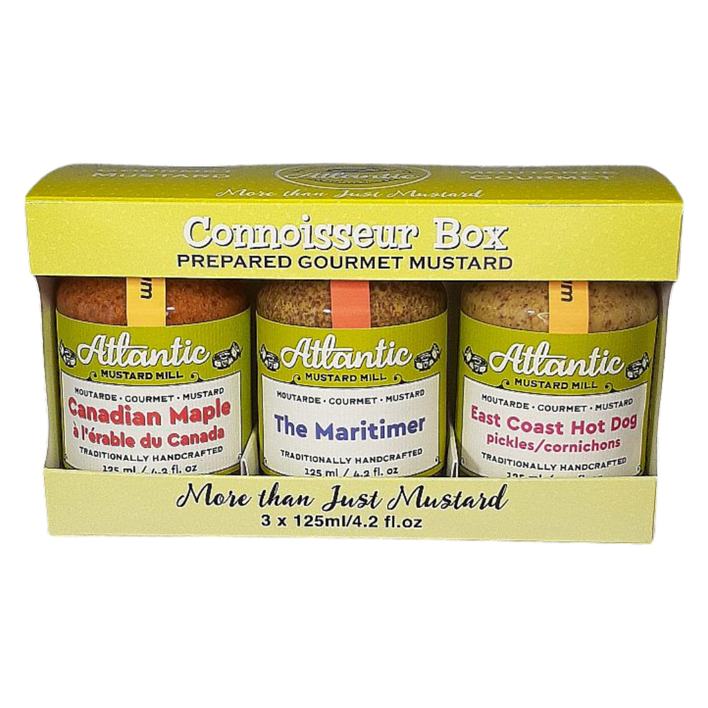 A box with three mustards - Canadian Maple, The Maritimer and East Coast Hot Dog mustard