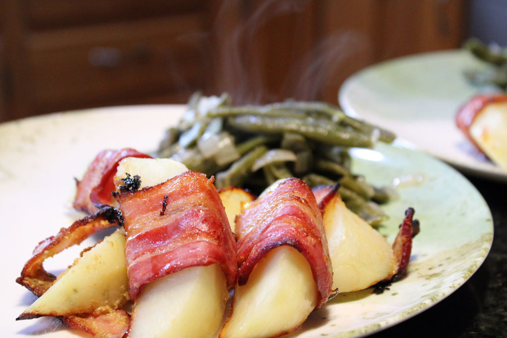 Bacon Wrapped potatoes with hot mustard