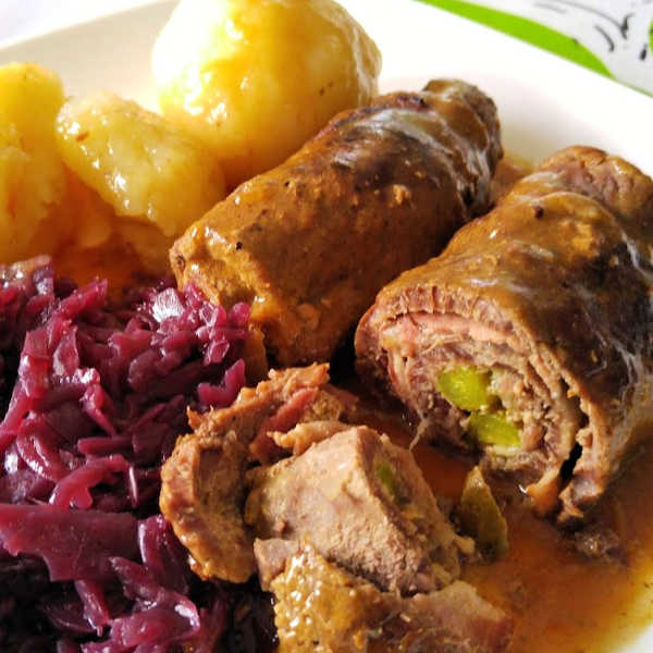 German Rouladen with potato dumplings and red cabbage 