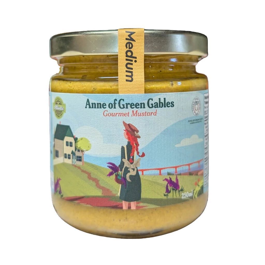 Jar of Anne of Green Gables mustard with a colorful label on a white background