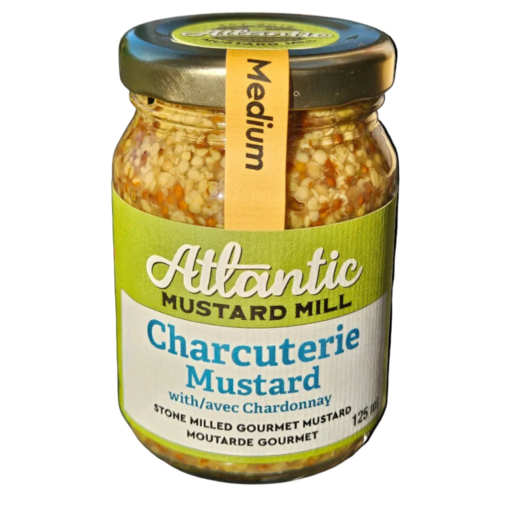 Jar of Atlantic Mustard Mill Charcuterie Mustard with a white background