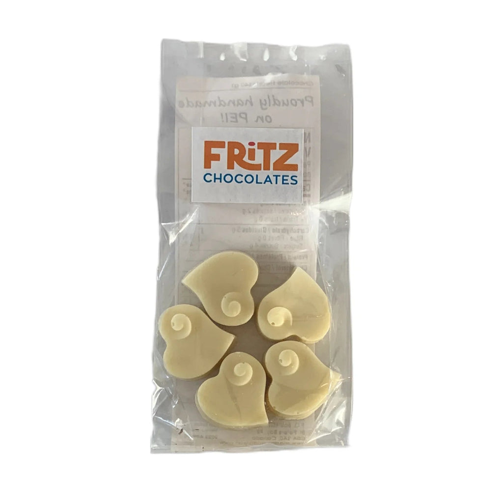 Packaged chocolate pieces with 'Fritz Chocolates' branding on a white background