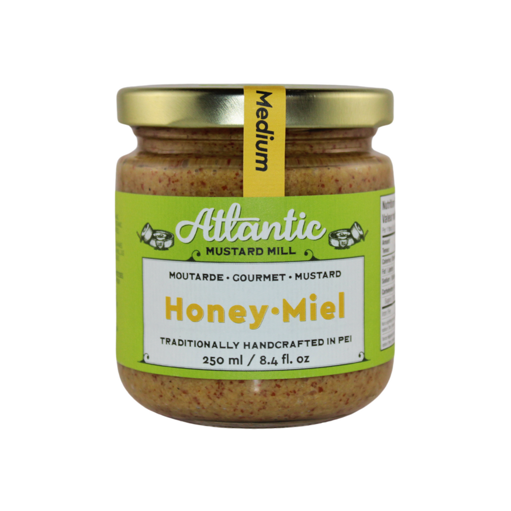 A large jar of honey mustard