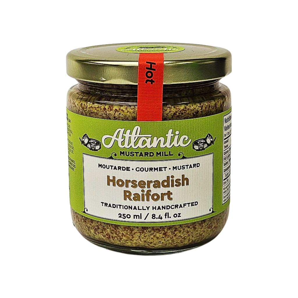 A large jar of horseradish mustard in hot