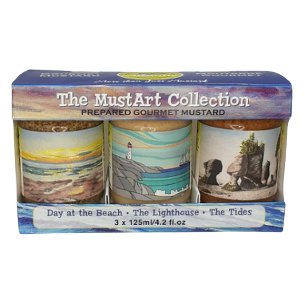 A box with three mustard with special art labels showing a PEI Beach, Peggy's Cove Lighthouse and Hopewell Rocks