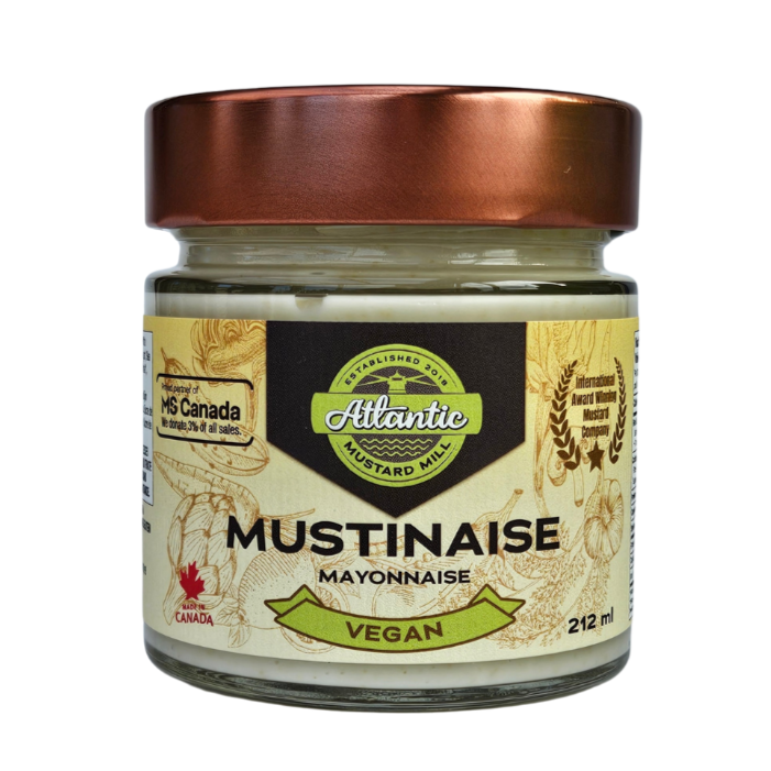 A jar of vegan mayonnaise with mustard