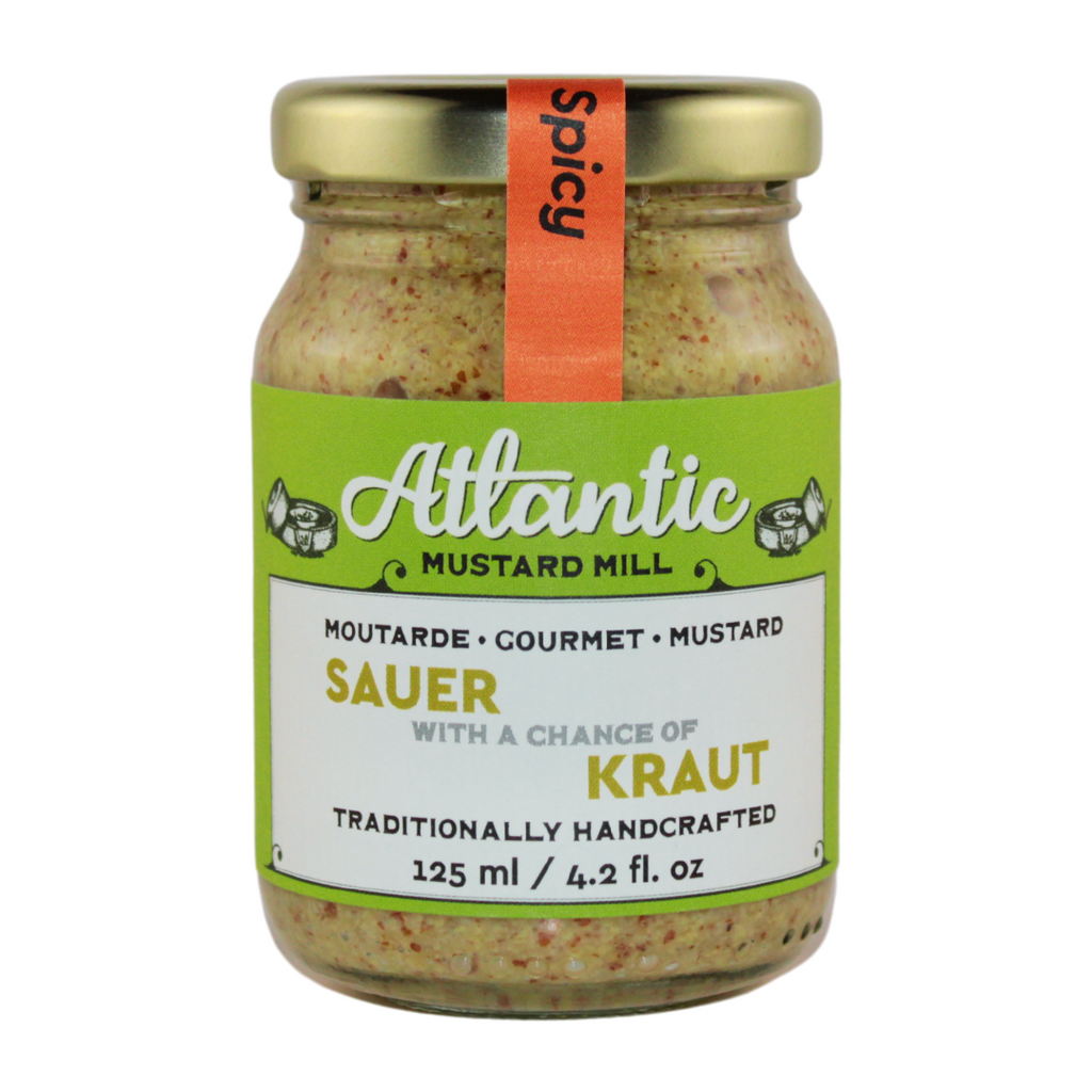 A jar of mustard with sauerkraut called Sauer with a chance of Kraut