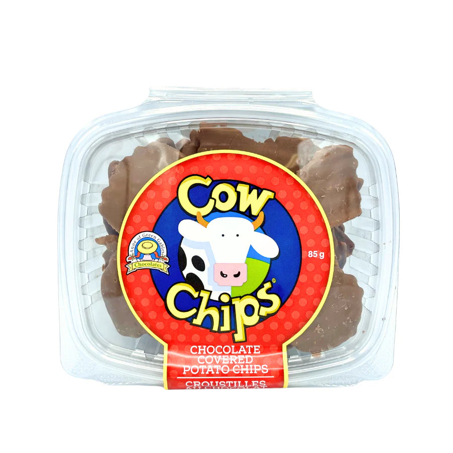 Container of Cow Chips with a cartoon cow on the label