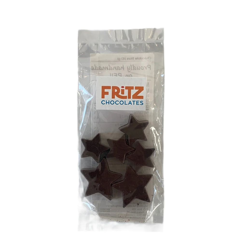 Packaged chocolate stars with Fritz Chocolates branding on a white background