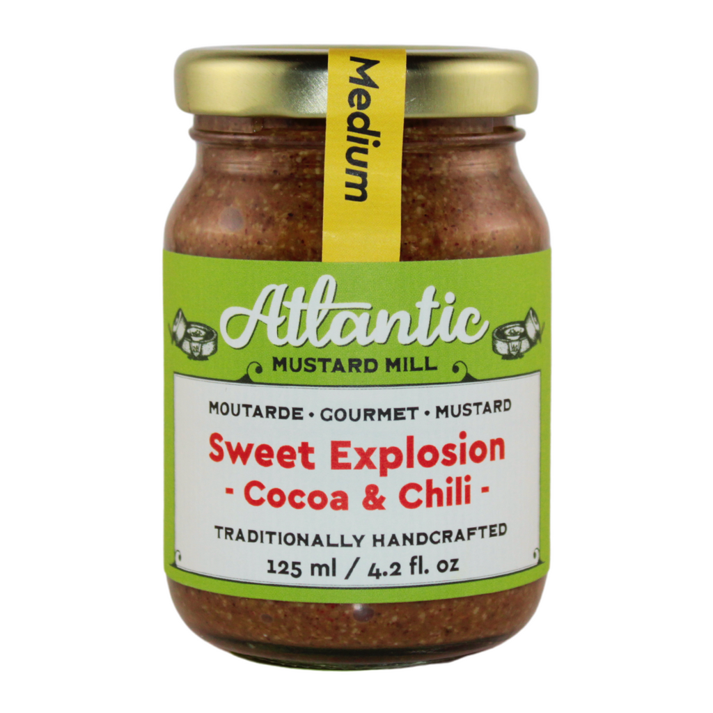 A jar of mustard with cocoa and chili called Sweet Explosion
